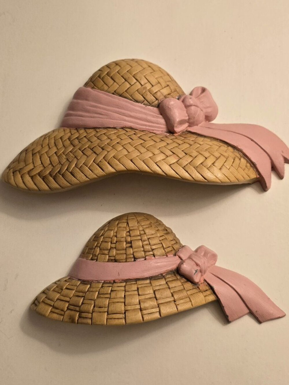 Vintage 1987 Burwood Faux Straw Hat Resin Wall Decor - Set of 2 (Pink)